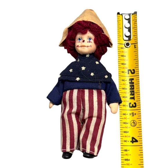 Vintage Rag Doll Red Curly Hair & Striped Pants Patriotic Dunce Cap Hat Mini 4" - Picture 5 of 5